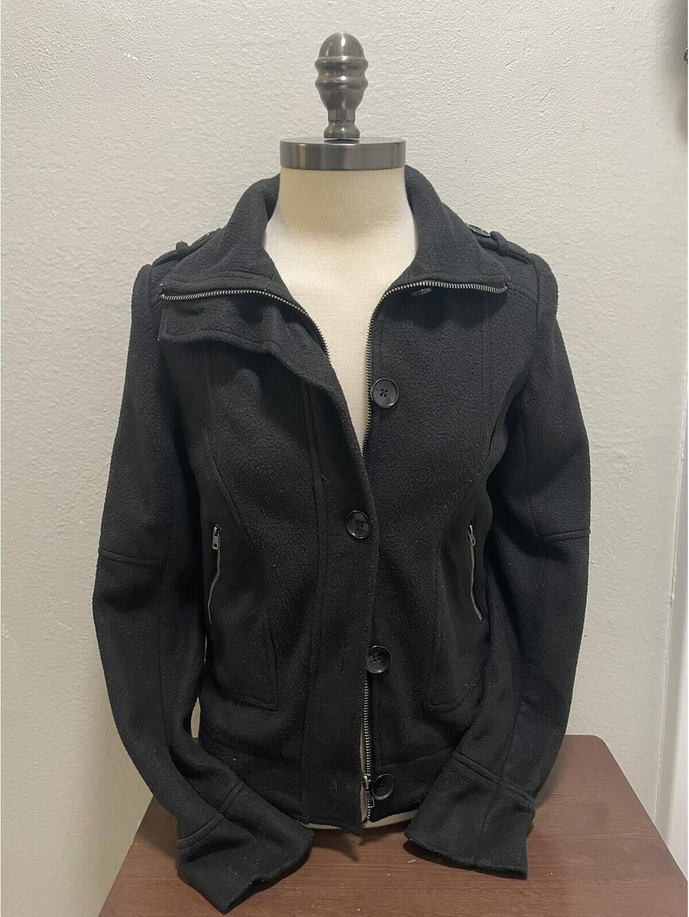 Y2K Puff and Bear S Black Fleece Pea Coat Jacket Grunge